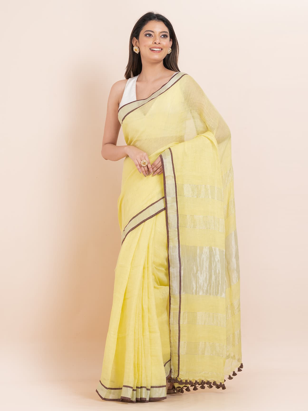 Saffron Kiss - Pure Linen Solid Saree With Contrast Border Without Blouse Piece l Golden Ochre