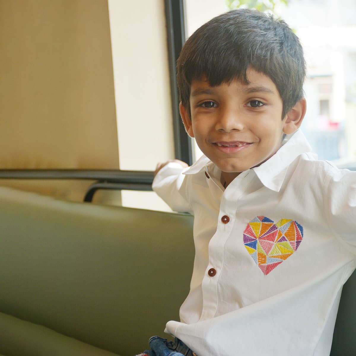 Geometric Heart Embroidered Cotton Shirt – White Casual Wear