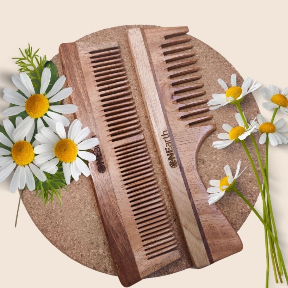 Neem Wood Comb Set – Handle Comb + 2-in-1 Dual Tooth Comb 