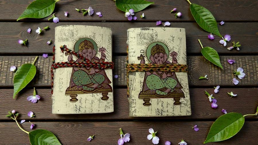 Mini Recycled Paper Journal – Ganesha Design (2x3 Inch) | Handmade Pocket Notebook 