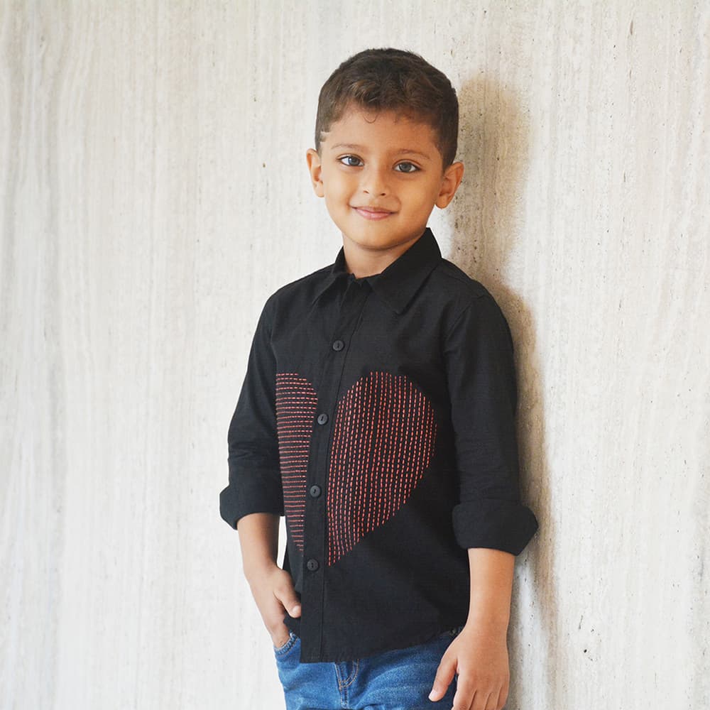 Heart Embroidered Cotton Shirt – Black Casual Wear