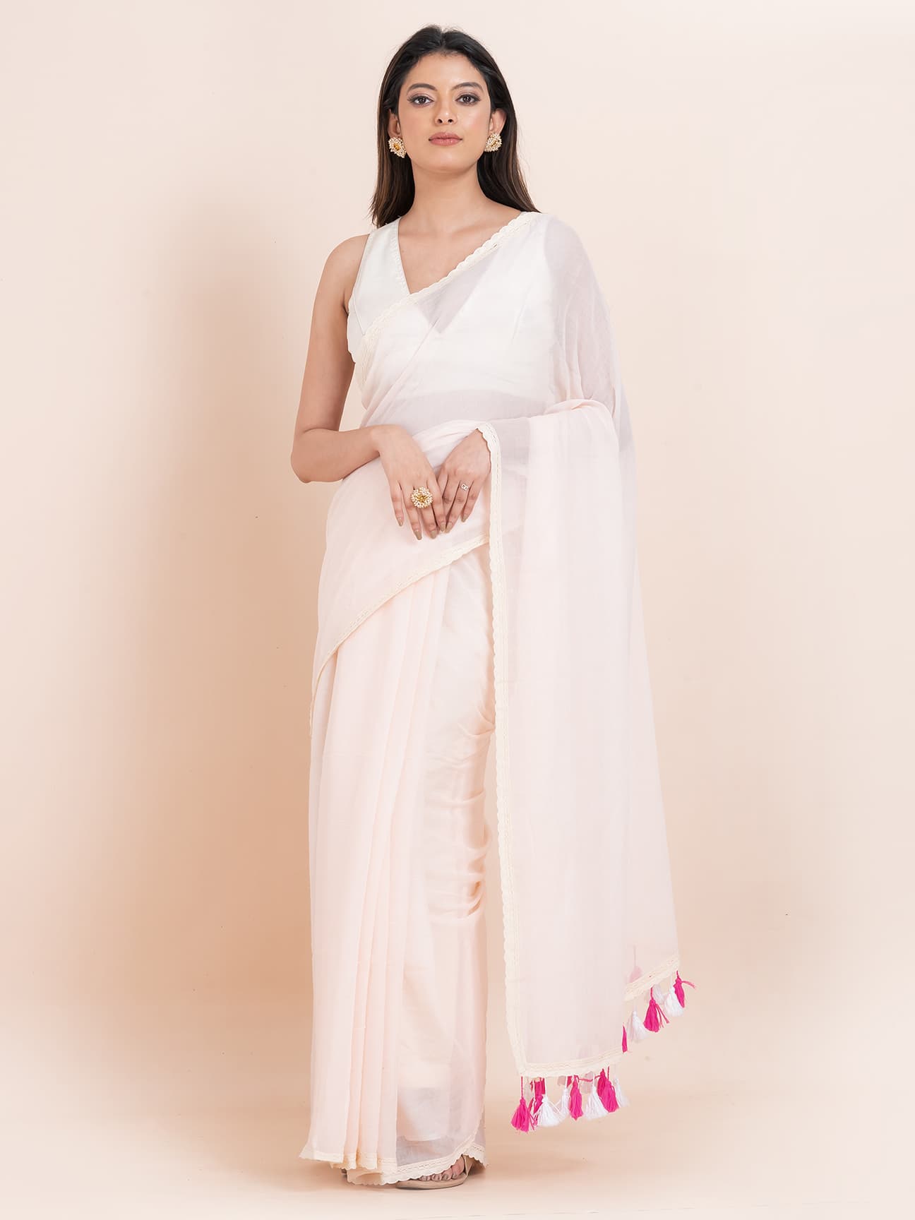 Ivory Bliss - Pure cotton solid saree with lace border  Without Blouse Piece l Ivory