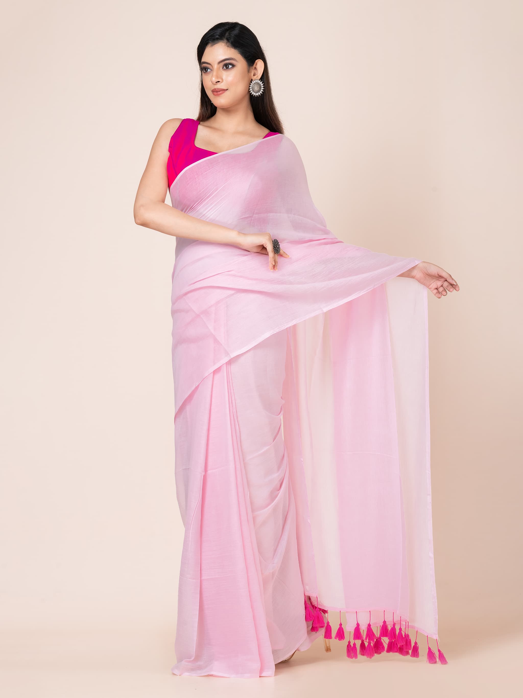 Bush Pink - Pure cotton solid saree with tassels Without Blouse Piece l Pink