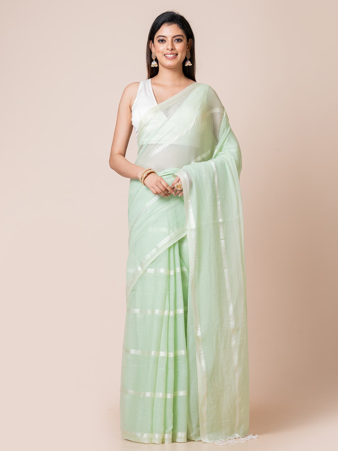 Turquoise Tranquil - Pure Cotton Saree With Zari Stripes Without Blouse Piece ll Light Turquoise