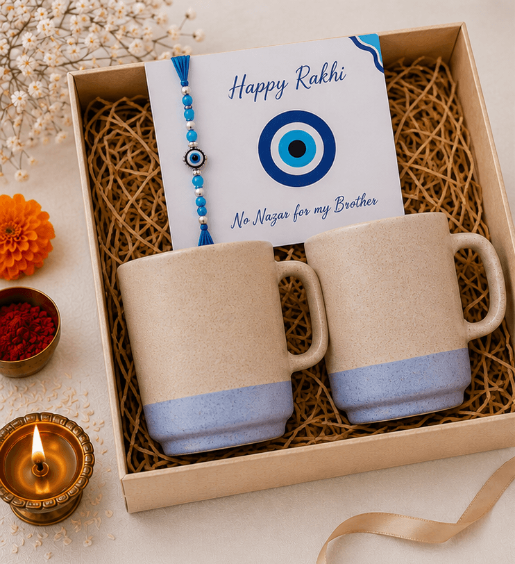 Rakhi Bonding Set | Dual Java Mugs & Evil Eye Rakhi