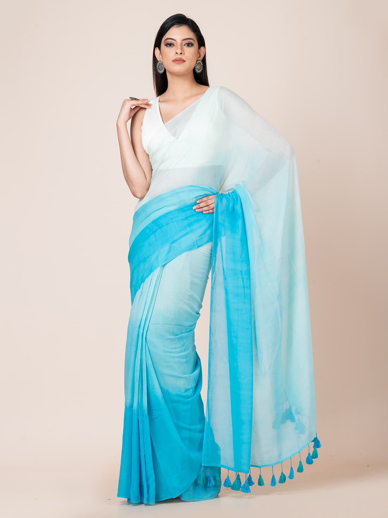 Blue Mirage - Pure cotton  shaded saree Without Blouse Piece l Sky Blue