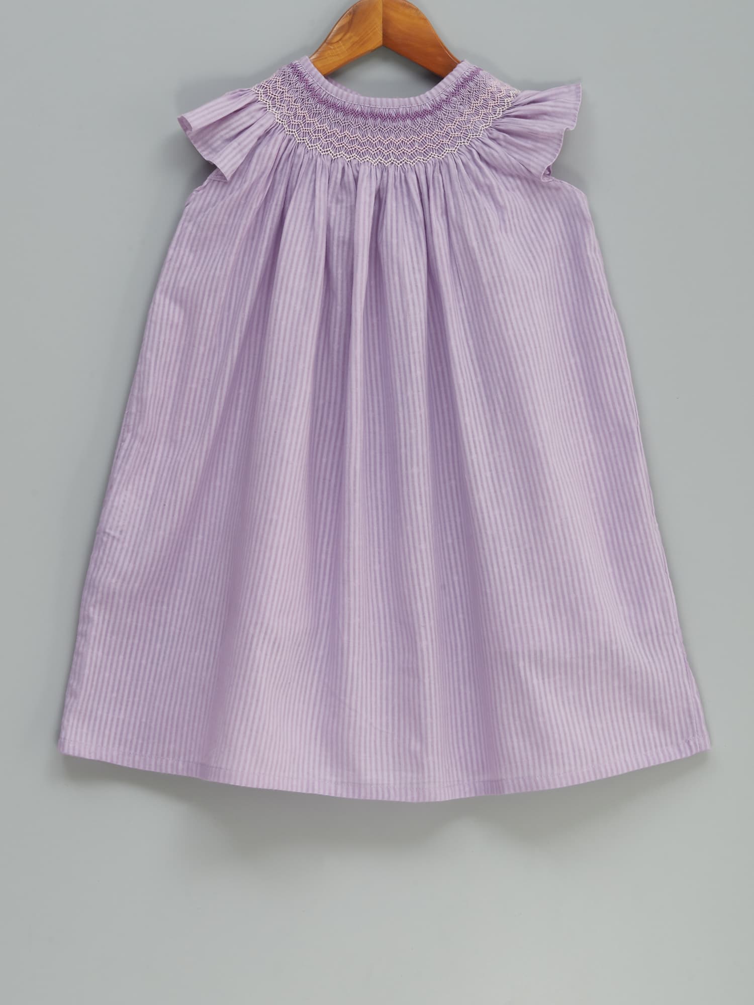 Girls Dress – Lavender Cotton with Smocked Neckline & Inner Slip