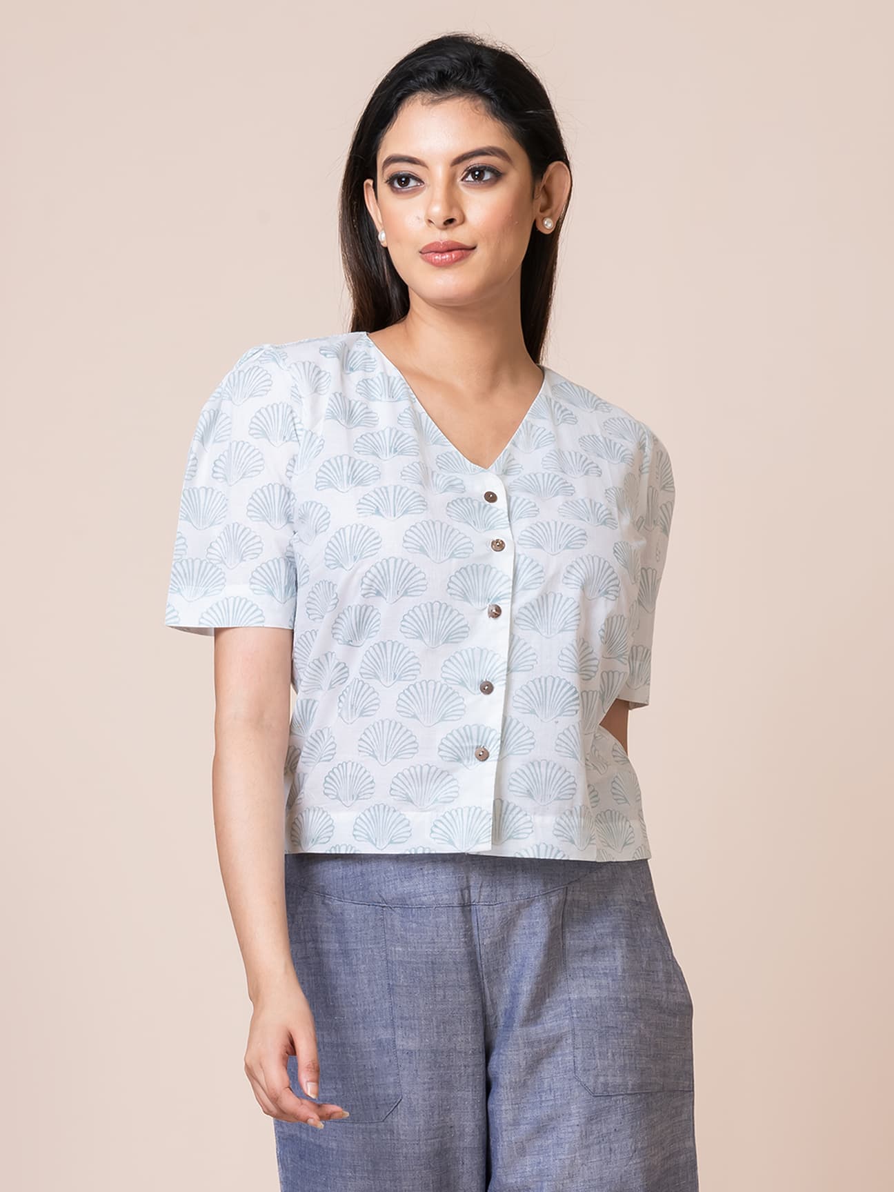  Women’s Block Printed Cotton Button-Down Top – Self Designed Casual Shirt
